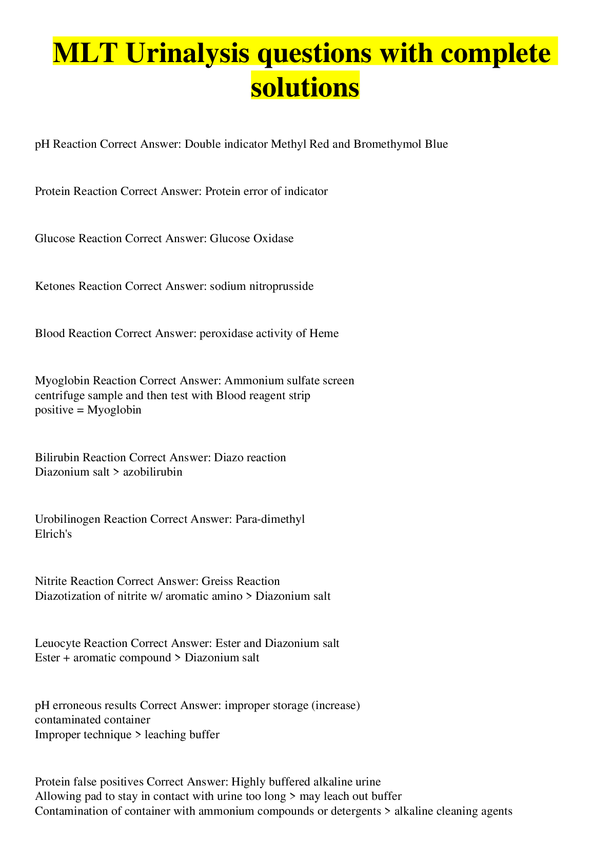 MLT Urinalysis questions with complete solutions Browsegrades